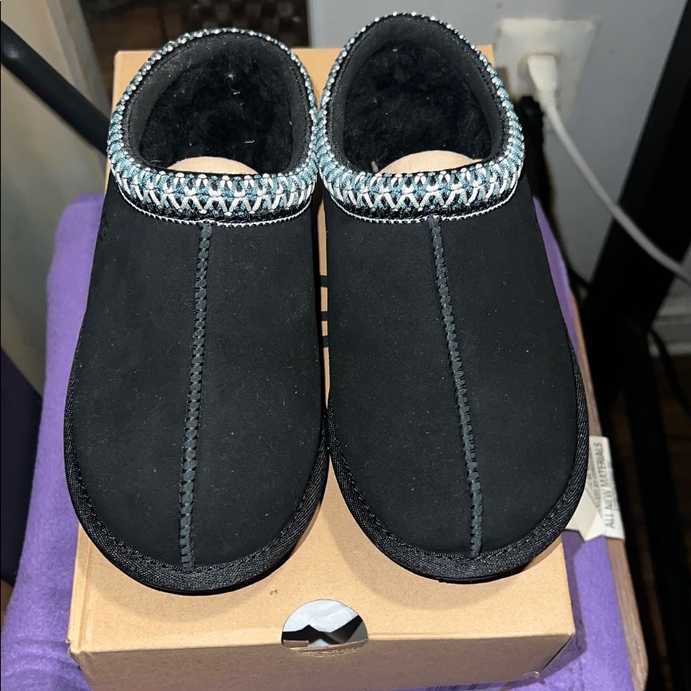 Ugg Black Tasman Slip-On Shoes with Blue Trim